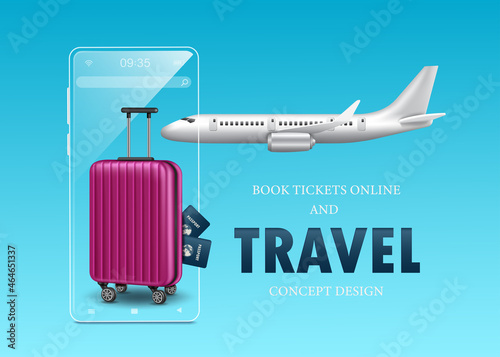 pink suitcase and passport placed in front clear glass smartphone and in the back there is a plane on the plane flying in the air for online air ticket booking advertising media and travel concept