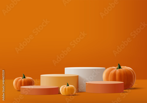 Halloween minimal scene 3d with smoke and podium platform. Halloween background vector 3d rendering with pumpkin podium. stand to show products. Stage Showcase on pedestal modern orange pumpkin pastel