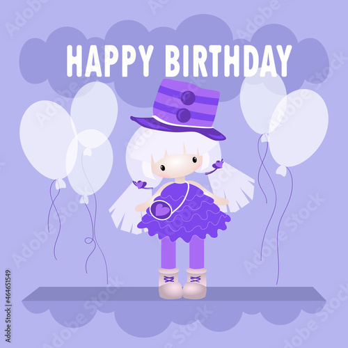 happy birthday card. A doll with balloons. Flat style. vector illustration.