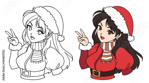Cute anime asian girl wearing Christmas Santa costume