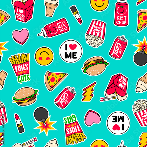 Trendy girls fashion patches seamless pattern with fast food icons.