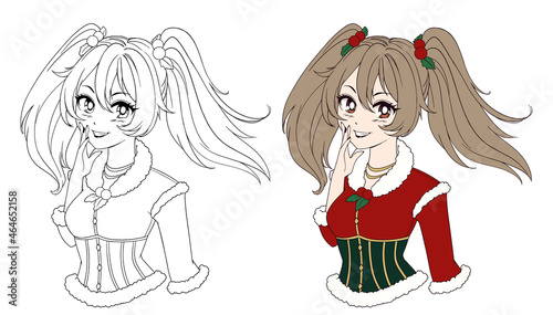 Cute anime manga girl wearing Christmas costume.