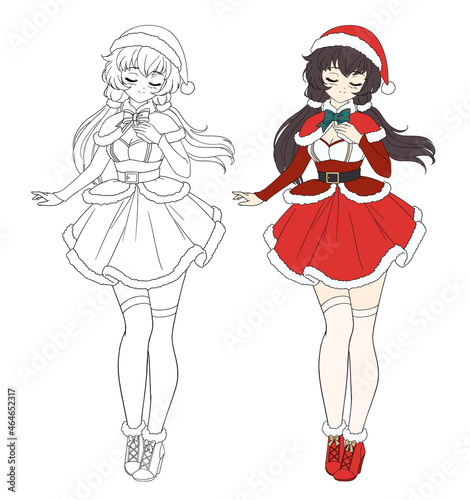 Cute anime manga girl wearing Christmas Santa costume