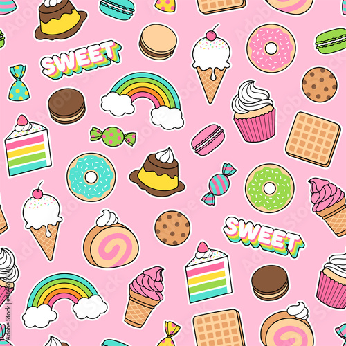 Cute hand drawn dessert illustration seamless pattern with pink background.