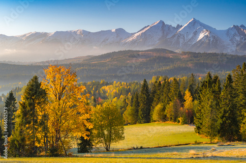 Moutain landscape, Tatra mountains panorama, colorful autumn view from Lapszanka pass, Poland and Slovakia