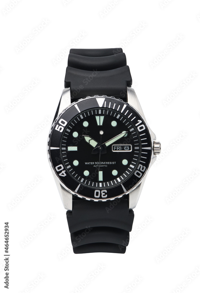 Dive watch with black rubber strap isolated on white background. clipping path. Dive watch with black rubber strap isolated on white background. clipping path.