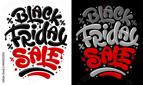 Black Friday Sale calligraphy lettering set for advertising banner, poster, flyer etc. Bright, fun and festive design with funny letters and percentage signs. Vector illustration. 