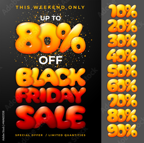 Template for Black Friday Sale advertising poster or flyer. Various percentage signs in set. Bright, fun and festive design. Offer discount on shopping day. Vector illustration. 