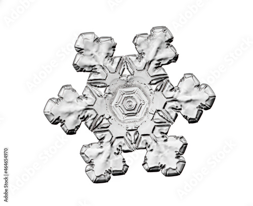 Black snowflake isolated on white background. Illustration based on macro photo of real snow crystal  elegant star plate with short  broad arms  glossy relief surface and complex inner details.