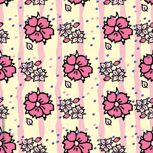 Vector yellow background white pink cherry tree flowers and cherry blossom sakura flowers. Seamless pattern background