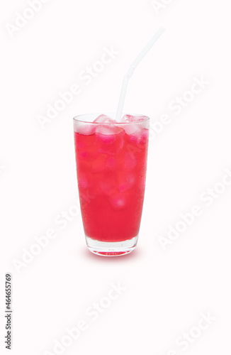 Red nectar. Summer sweet iced drink red in glass tall with straw drink and refresh. Red nectar quenches thirst, Water is mixture of red and sugar, Drink and refresh body. Isolated on white background.