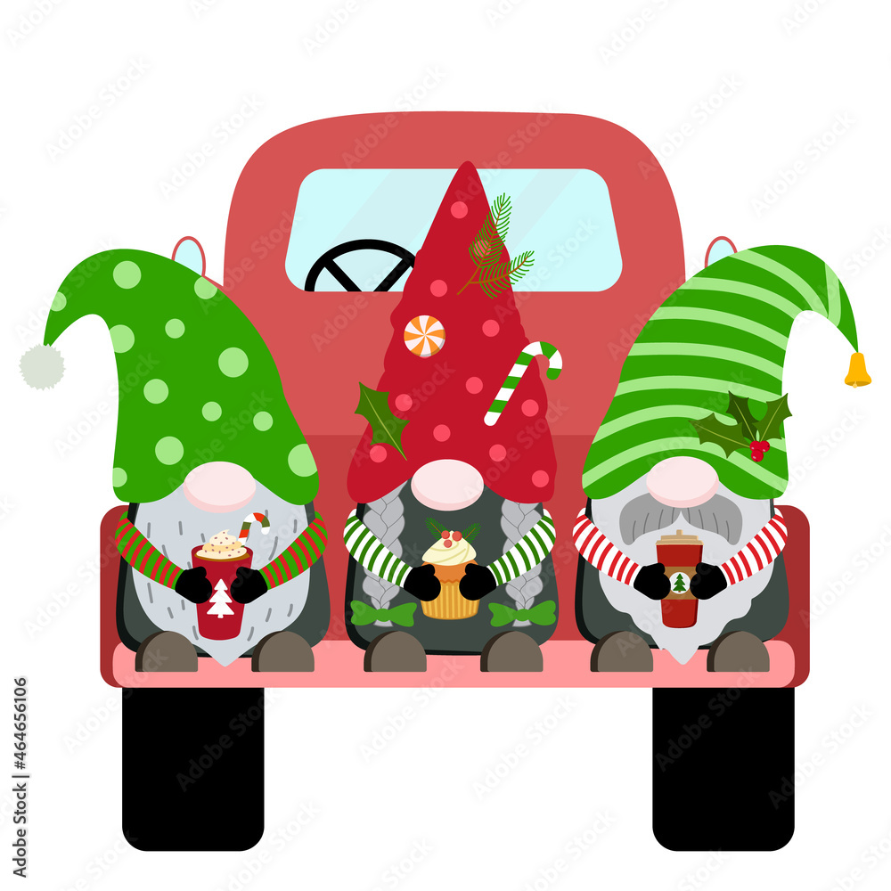 Fototapeta premium Holiday Christmas gnomes with coffee cups and cupcake on red truck. Vector illustration. Isolated on white background.