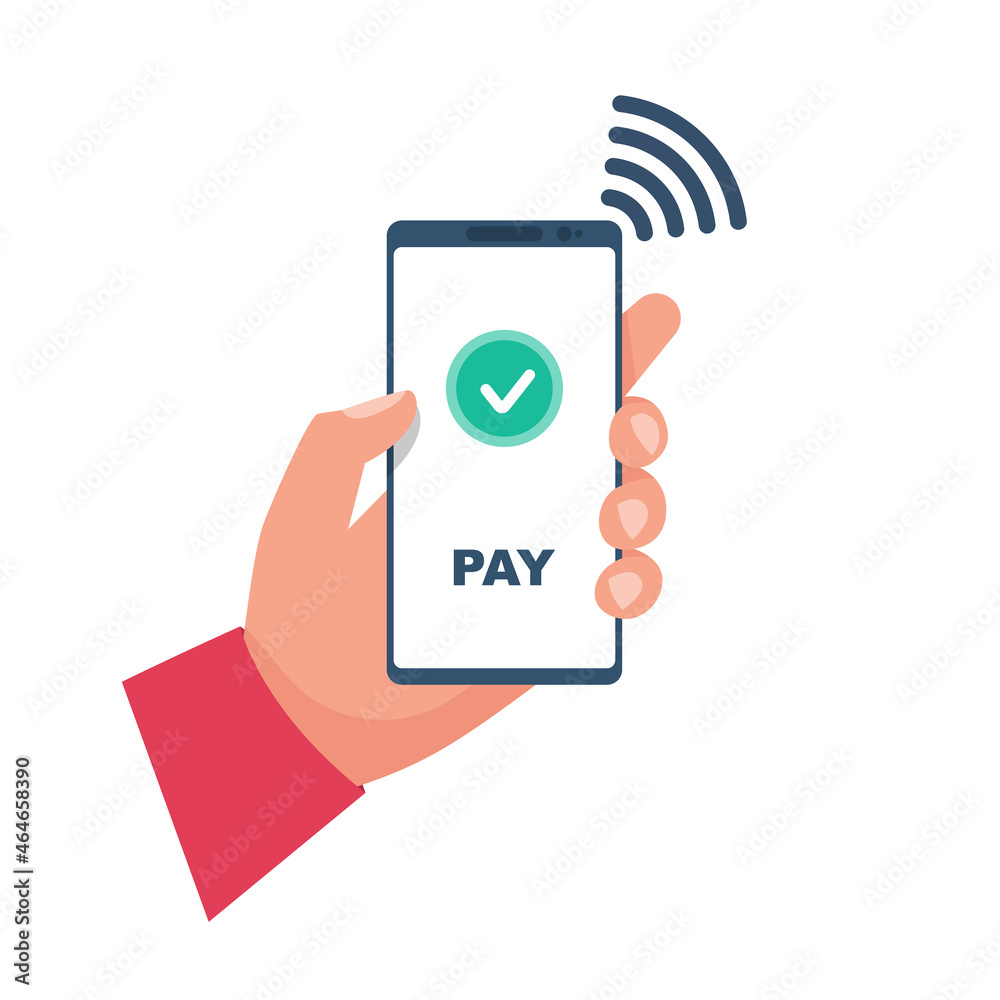 Payment with smartphone. Mobile payment icon icon for apps and websites. Phone in hand. Vector illustration flat design. Isolated on white background. Contactless purchase. Payment with smartphone. Mobile payment icon icon for apps and websites. Phone in hand. Vector illustration flat design. Isolated on white background. Contactless purchase.