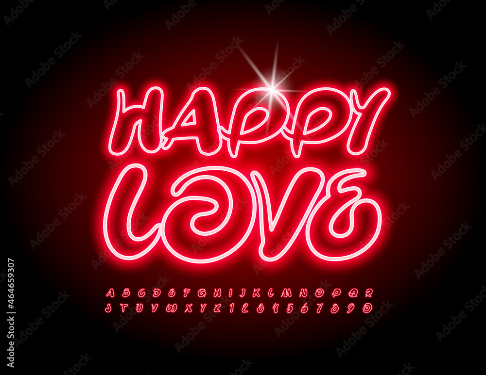 Vector playful greeting card Happy Love! Red Illuminated Font. Glowing Alphabet Letters and Numbers set