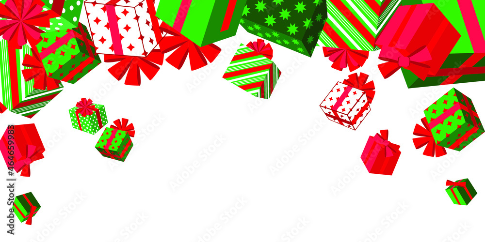 Obraz premium Gift rain. Gift boxes fall from above on a white background with space for your text. Birthday. Merry Christmas. Background, banner, card, poster, flyer, sale. Hand drawn vector