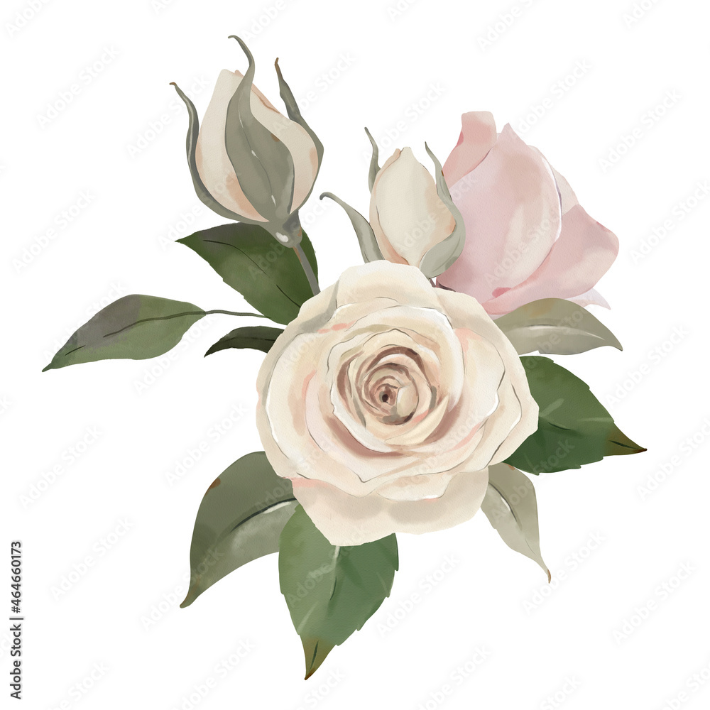 Watercolor bouquet with greens and beige roses, leaves and branches on a white background. For wedding invitations, cards, postcards, birthday, baby shower, bridal shower.
