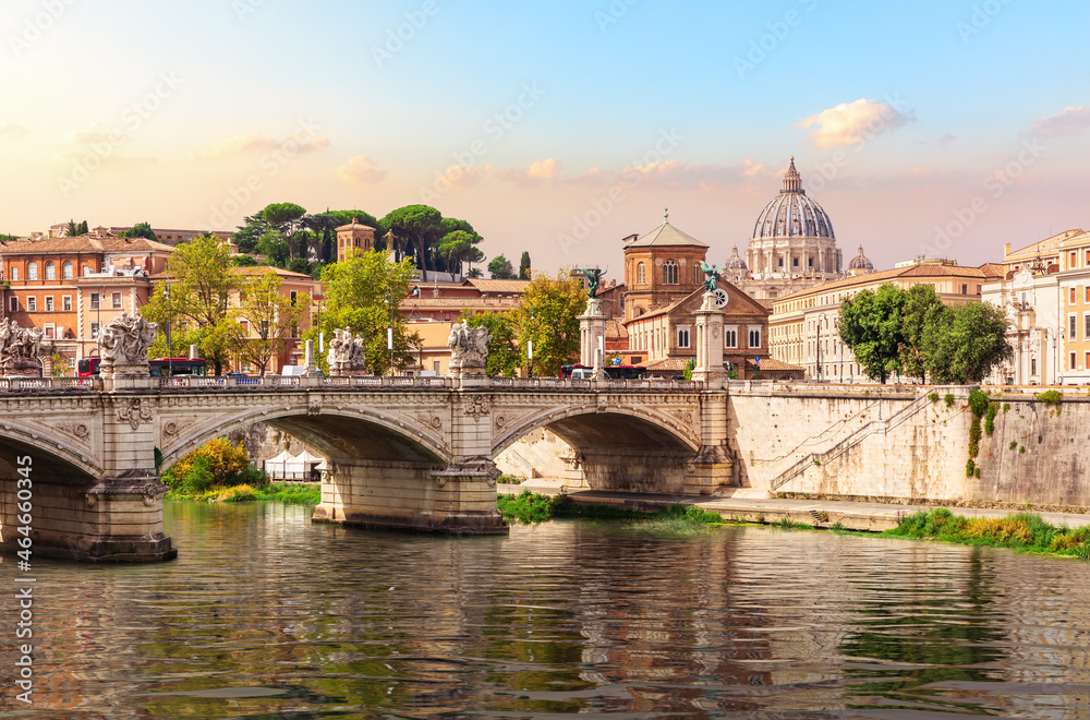 Bridge Vittorio Emanuele II, the Tiber River and St Peter's Cathedral, Rome, Italy