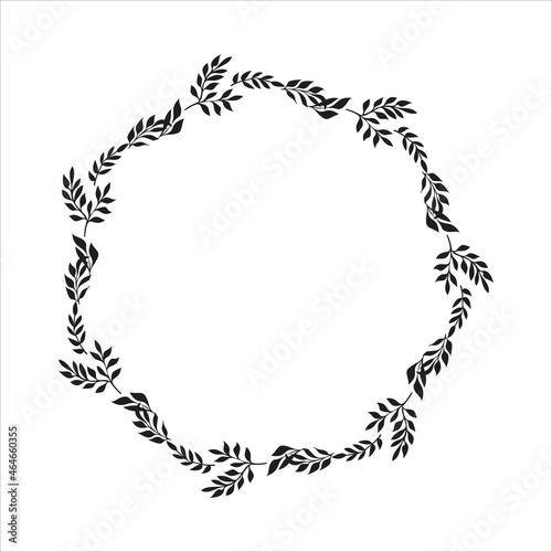 Hand drawn vector round frame. Floral wreath with leaves, berries, branches Decorative elements for design. Ink, vintage and rustic styles.