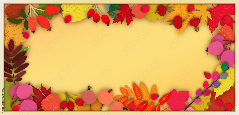 Illustration in cutout style frame with autumn leaves, rose hips and paradise apples Illustration in cutout style frame with autumn leaves, rose hips and paradise apples