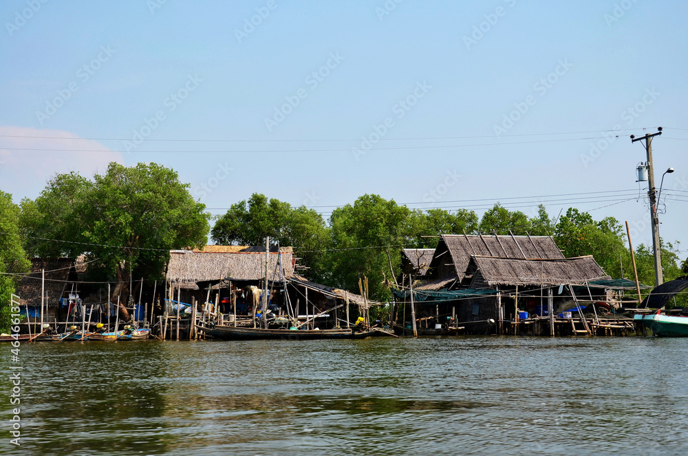 View landscape seaside and seascape brackish water bangkhuntien with fishing village for thai people and foreign travelers travel visit and rest relax at Bang Khun Thian District in Bangkok, Thailand
