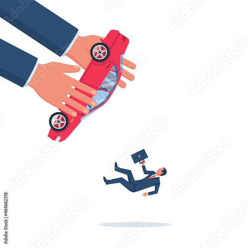 Confiscated car. The collector takes the car from a businessman. Eviction notice. Vector illustration flat design. Isolated background. Credit debt. The man leaves the auto.