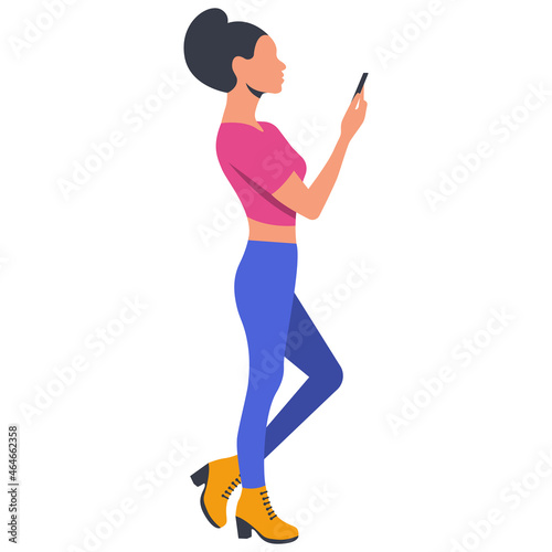 Girl with smartphone. Side view, full growth. Beautiful woman with a good figure. Web template for design. Successful young people. Vector illustration flat design. Isolated on white background.
