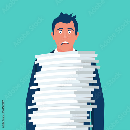 A lot of work. A man with a funny emotion on the face stands in front of a big bunch of paperwork. Vector illustration flat design. Isolated on white background.