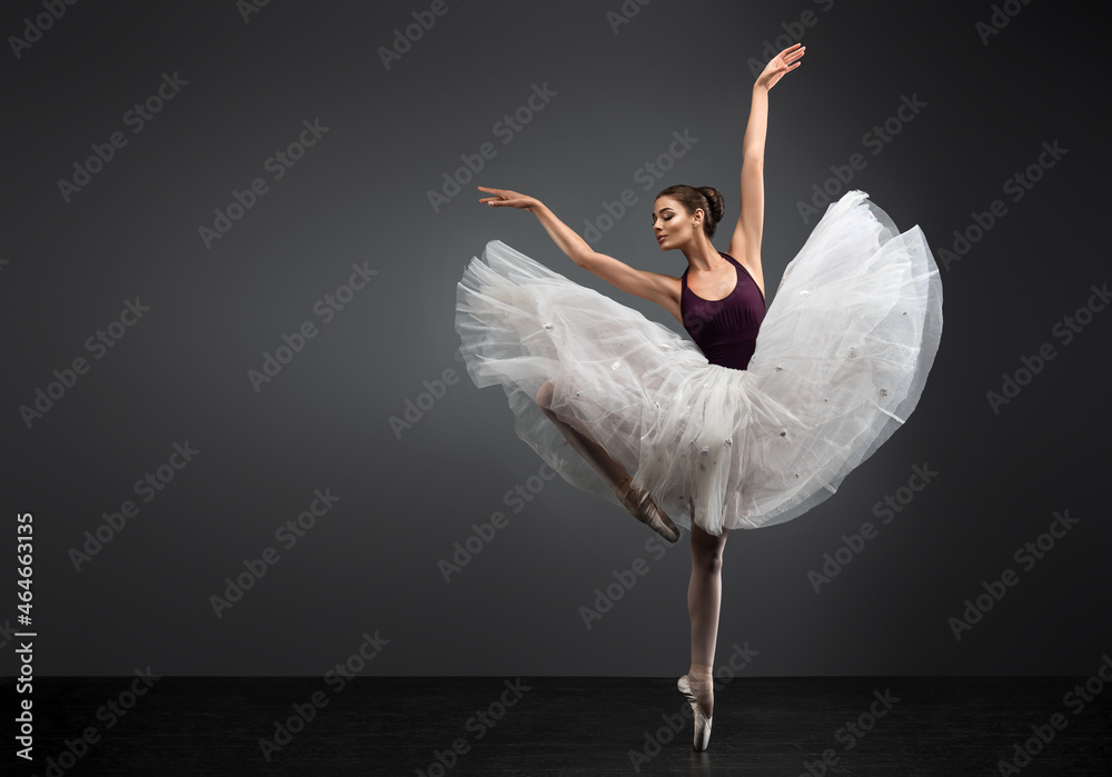 Ballerina. Young graceful woman ballet dancer, dressed in professional outfit, shoes and white weightless skirt is demonstrating dancing skill. Beauty of classic ballet. - obrazy, fototapety, plakaty 