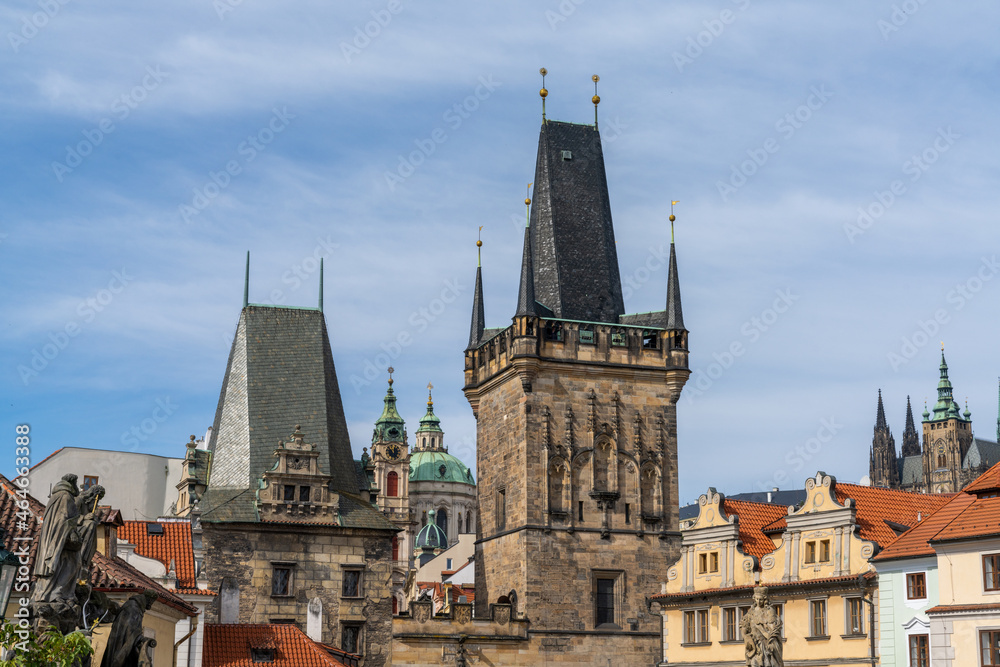 skyline and rooftops in the historic city center of downtown Prague