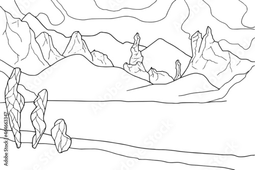 Doodle alien fantasy crater landscape coloring page for adults. Fantastic graphic artwork. Hand drawn illustration