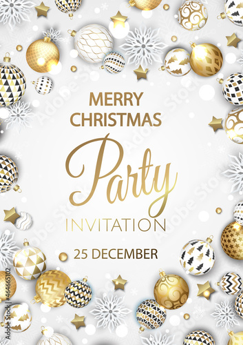 Christmas party invitation with balls and gold snowflakes