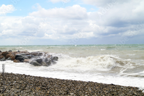 High waves beat against the rocks on the Black Sea