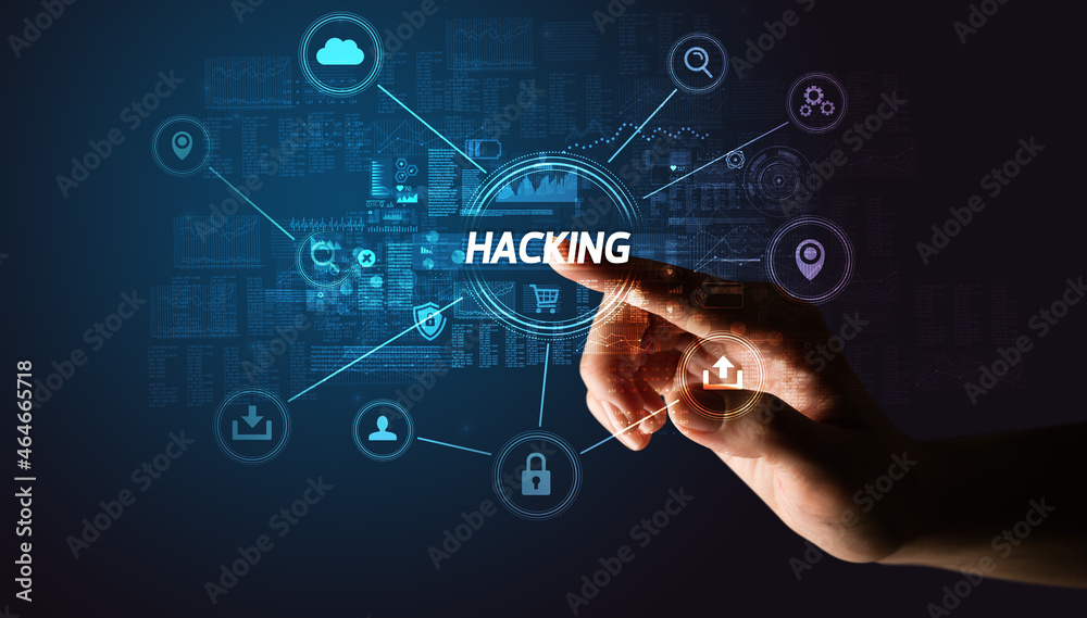 Hand touching cybersecurity button concept Hand touching cybersecurity button concept