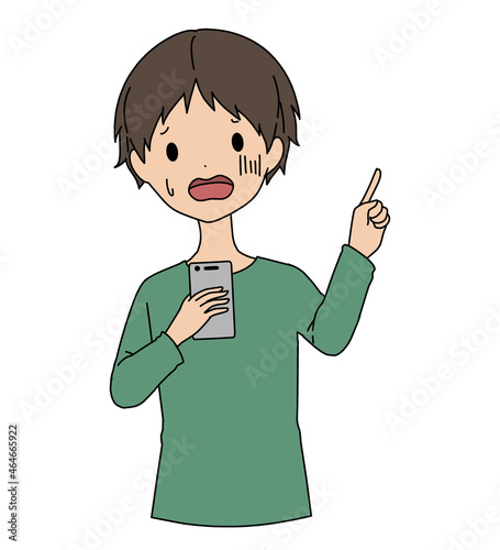 指差し案内をしている困った様子のスマホを持っている男性
