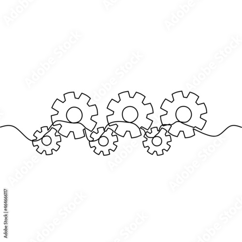 Continuous line drawing of gear, business concept teamwork, object one line, single line art, technology round wheel, vector illustration