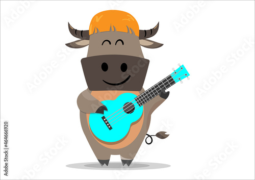 happy male smiling buffalo playing blue ukulele, isolated on white. vector illustration