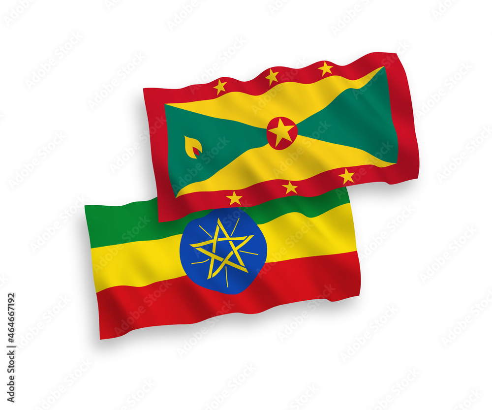 Fototapeta premium National vector fabric wave flags of Grenada and Ethiopia isolated on white background. 1 to 2 proportion.
