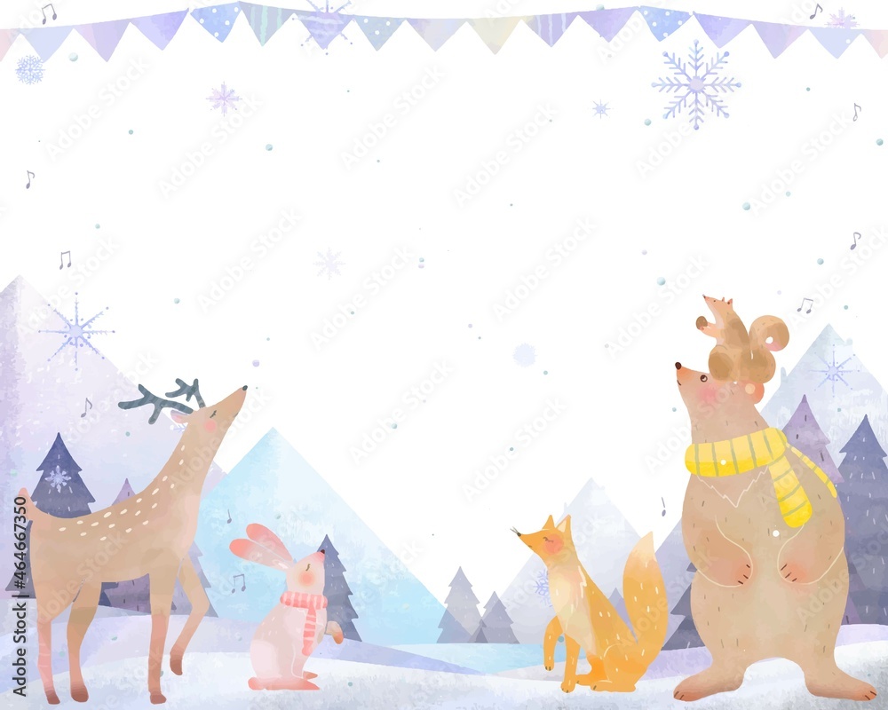雪の結晶の降る北欧風森の動物のおしゃれな冬の美しい景色ベクター白バックフレームイラスト素材 Stock Vector Adobe Stock
