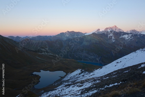 Sunset at Lac de Moiry mountain lake in the area of Griments in Valais Canton  Switzerland