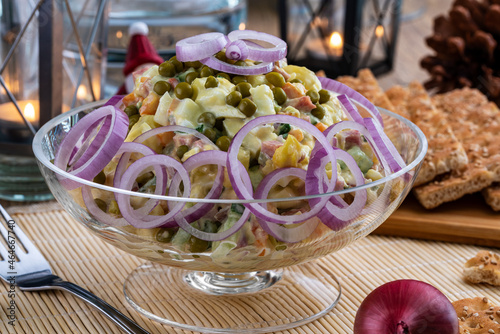 Russian salad Olivier on the festive table. Winter salad.