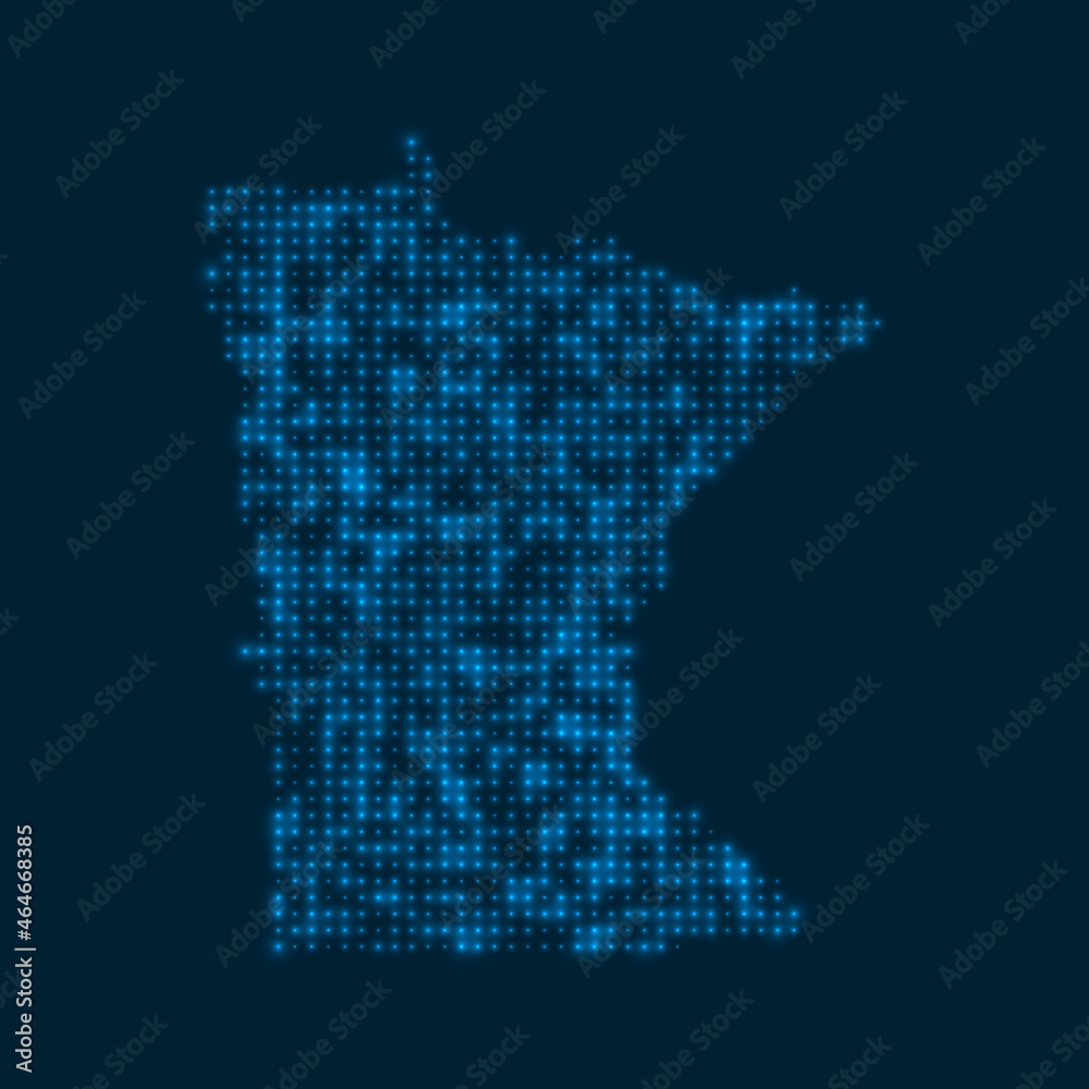 Minnesota dotted glowing map. Shape of the us state with blue bright bulbs. Vector illustration.