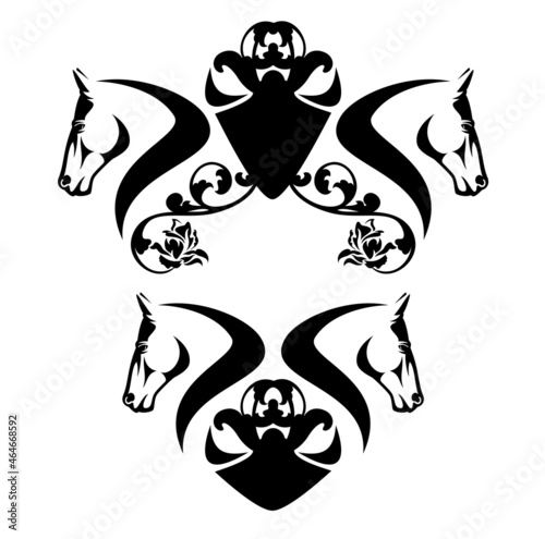 two horse heads and heraldic shield with rose flowers decor - equestrian sport black and white vector emblem design