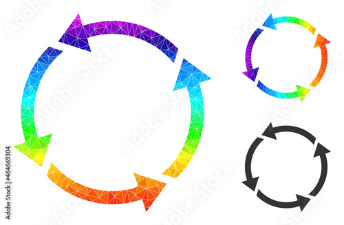 lowpoly recycle icon with spectral gradient. Spectral colored polygonal recycle vector combined of randomized colored triangles. Flat geometric polygonal illustration is based on recycle icon.