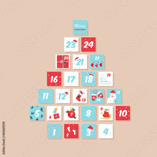 Vector Christmas advent calendar. Winter holidays poster with dates. Cute decoration xmas day celebration.	