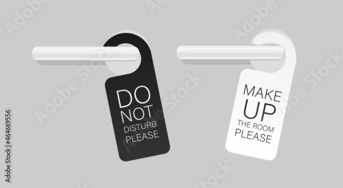 Door knob warning hangers set. Do not disturb and make up the room. Plaques hang on the door handles. Vector illustration isolated.	