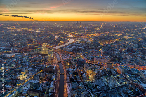 Aerial view of Moscow city center at dusk