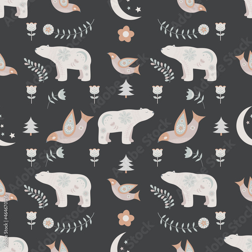 Christmas seamless pattern in folk style with polar bears, birds and floral elements.
