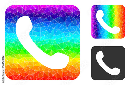 Low-poly phone icon with spectral vibrant. Spectral vibrant polygonal phone vector designed with scattered bright triangles. Flat geometric mesh illustration is created from phone pictogram.