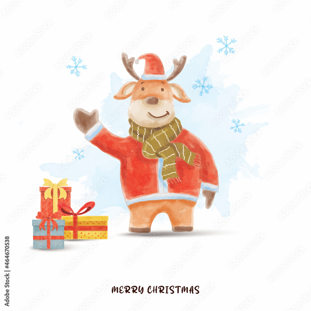 Fototapeta premium Watercolor deer santa and gifts merry christmas