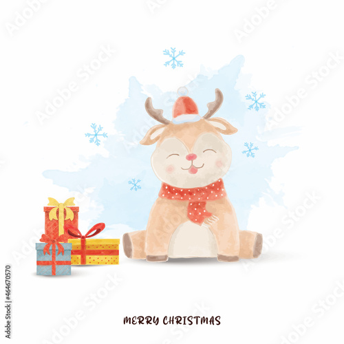 watercolor cute deer with gifts merry christmas © Deden
